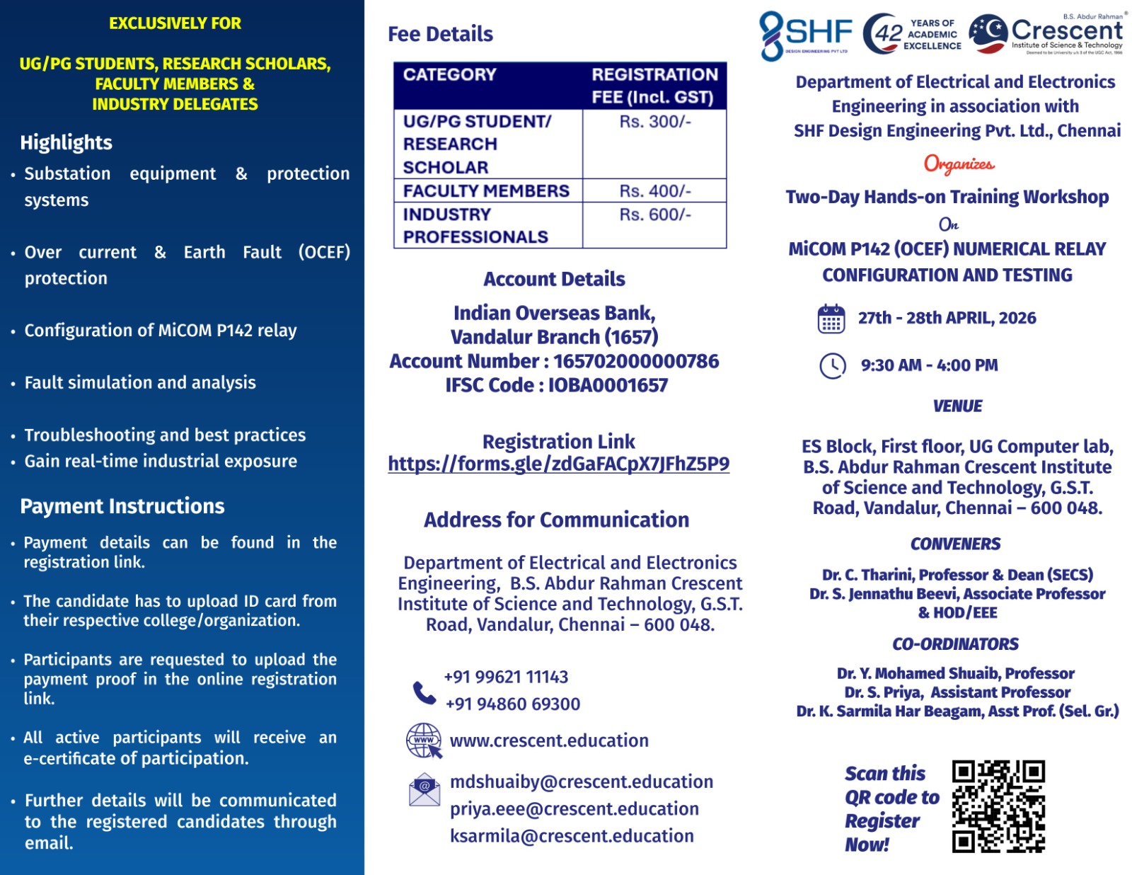 Two-Day Hands-on Training MiCOM P142 (OCEF) Numerical Relay Configuration & Testing Workshop 2026 Workshop Poster 